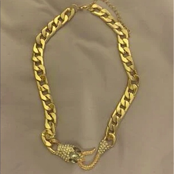 Gold Snake Serpent Cuban Chain Link Zircon Choker Necklace - Picture 6 of 11